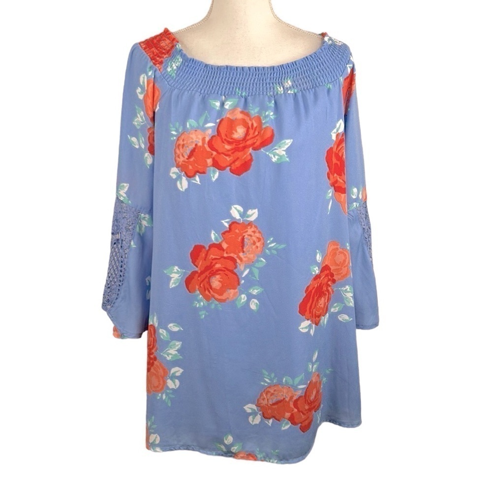 Sequin Hearts Boho Blue & Orange Floral‎ 3/4 Lace Bell Sleeve Tunic Top Size S